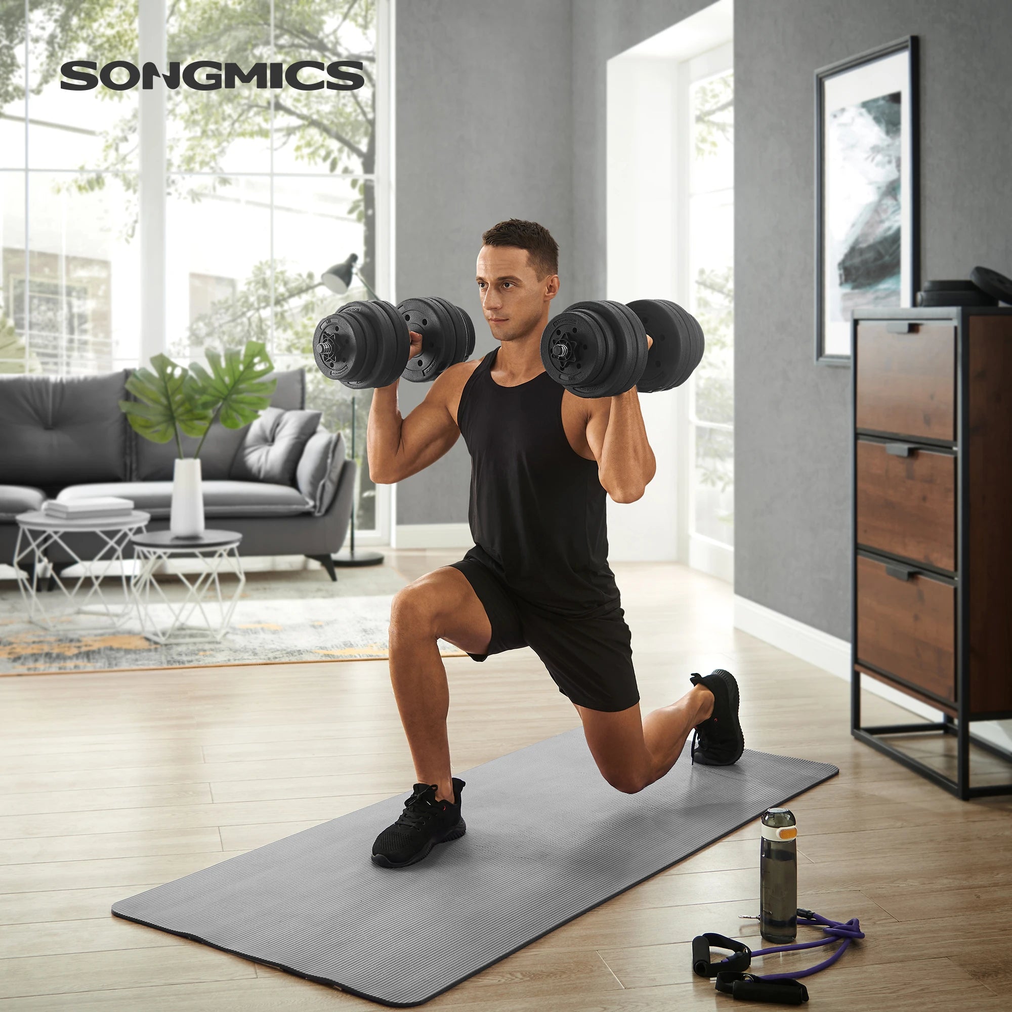 SONGMICS 2 x 15 kg Adjustable Dumbbells for Men and Women's Home Gym Workouts, Ideal for Weight Training, Fitness, in Black